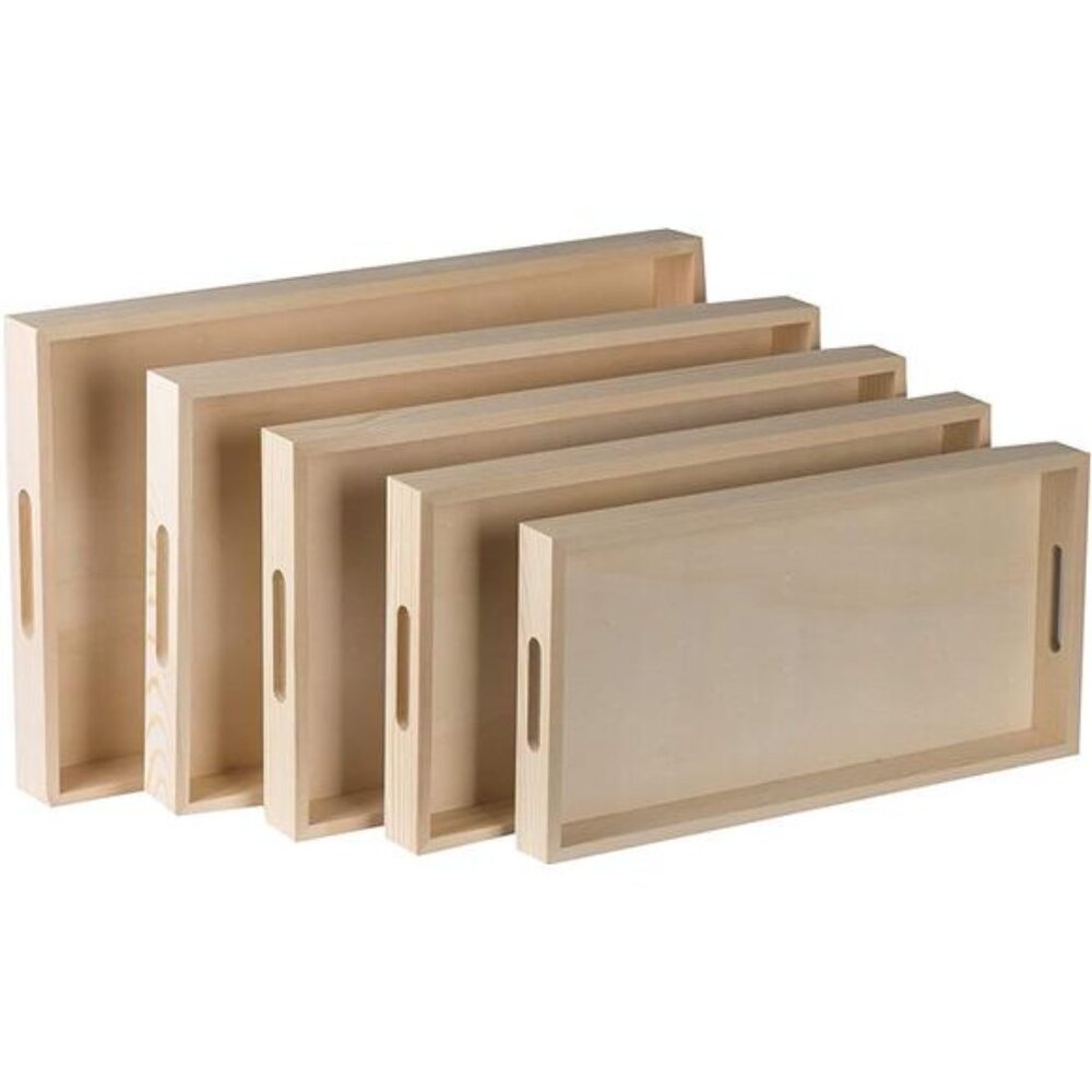 Wood Serving Tray Set 5 Piece Nested Breakfast Trays Kitchen Party Bathroom Use
